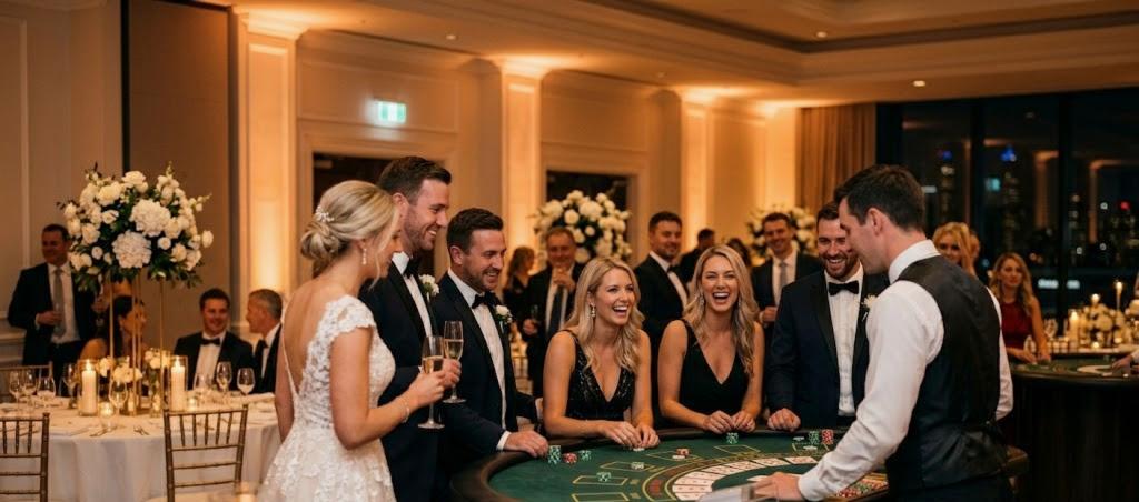 Wedding reception with casino table and guests celebrating
